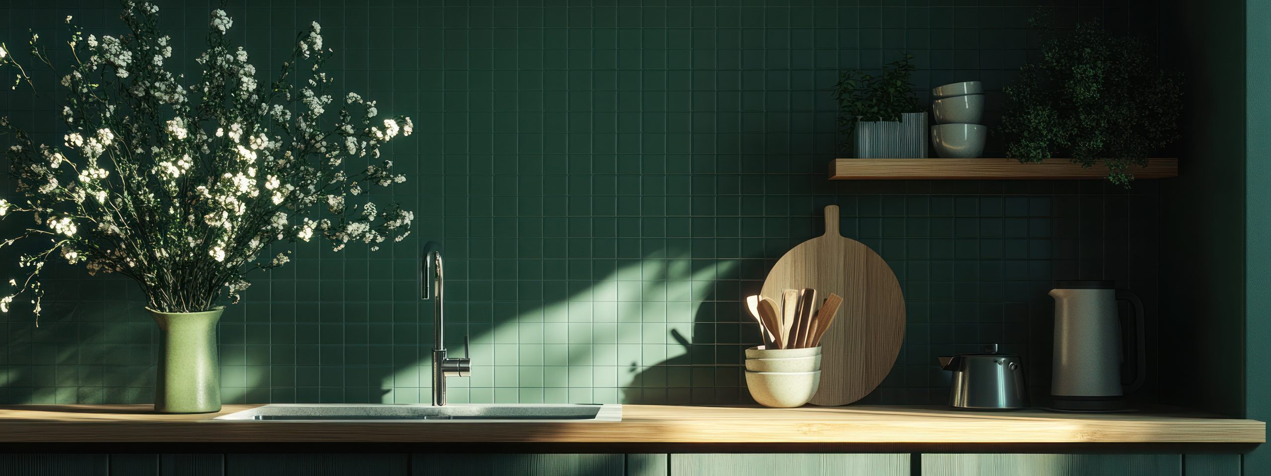 Modern kitchen with green tile backsplash, wooden countertop, and a vase of white flowers.